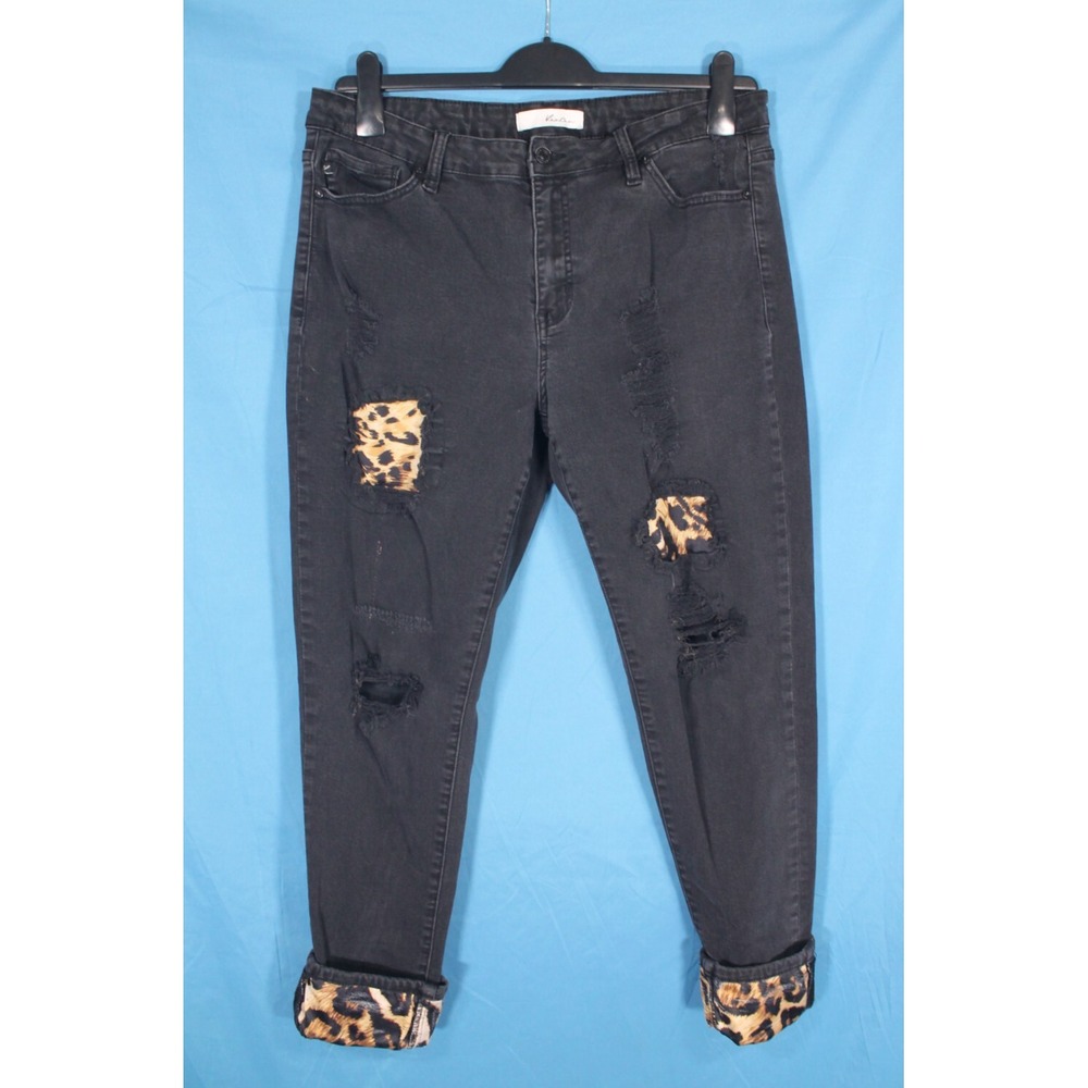 KANCAN Stretch Denim LEOPARD PATCHED/CUFFED Mid-Rise DESTROYED Skinny Jeans XL